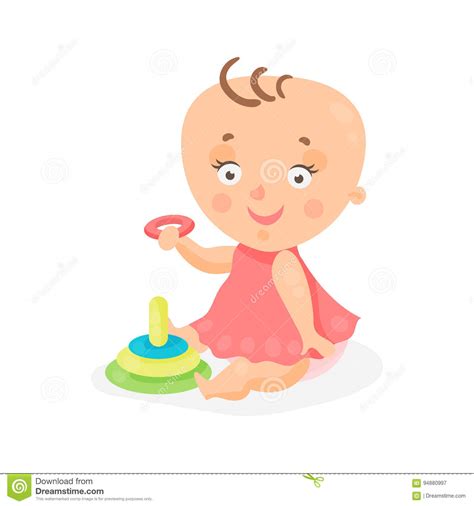 Adorable Cartoon Baby Girl In Pink Dress Playing With Pyramid Colorful Character Vector