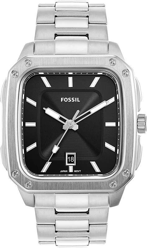 Fossil Mens Quartz Inscription Stainless Steel Square Watch Silver