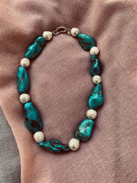 Turquoise And Freshwater Pearl Necklace Chunky But Elegant On Trend