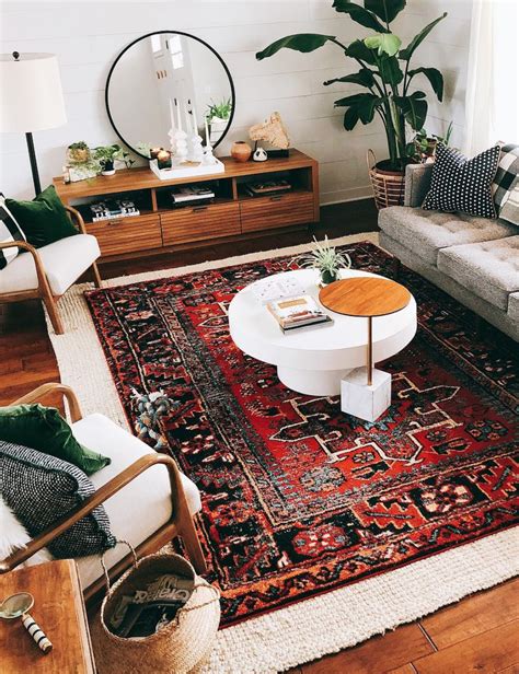 Living Room Layered Rugs Mid Century Modern Style Boho