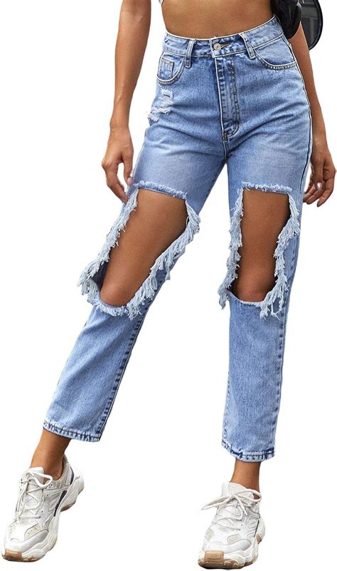 Women Ripped Holes Denim Jeans Y2k E Girls Baggy High Waisted Trousers Casaul Straight Wide Leg