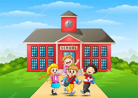 Dibujos animados de niños felices frente al edificio de la escuela