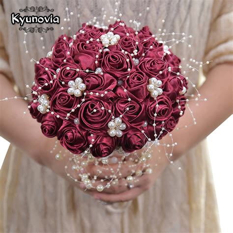 Kyunovia Burgundy Silk Rose Flowers Stunning Pearls Beaded Bridal