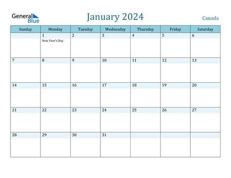 Canada January 2024 Calendar With Holidays