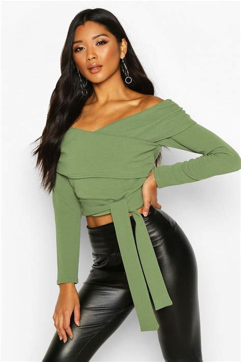 Crepe Off The Shoulder Wrap Crop Top Wrap Crop Tops Outfits Spring Outfits