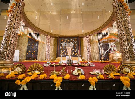 Traditional Hindu Temple Decorated For A Wedding Ceremony With Brass