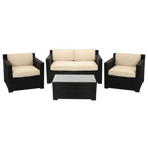 4 Piece Black Resin Wicker Outdoor Patio Furniture Set Beige Cushions