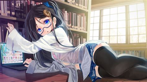 Wallpaper Anime Girls Glasses Stockings Black Hair Thigh Highs