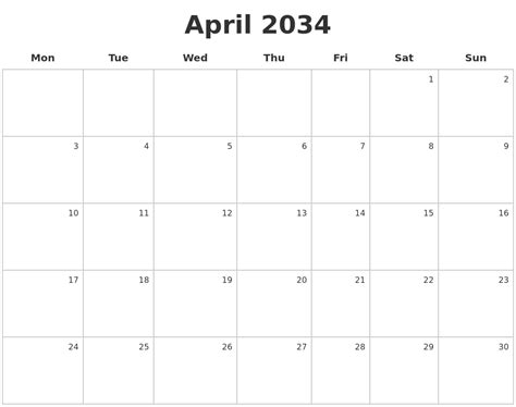 April 2034 Make A Calendar