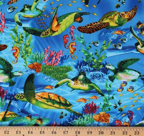 Cotton Ocean Fish Turtles Fishes Sting Rays Coral Blue Cotton Fabric
