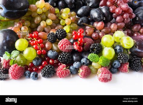 Ripe Blackberries Blueberries Raspberries Red Currants Grapes And