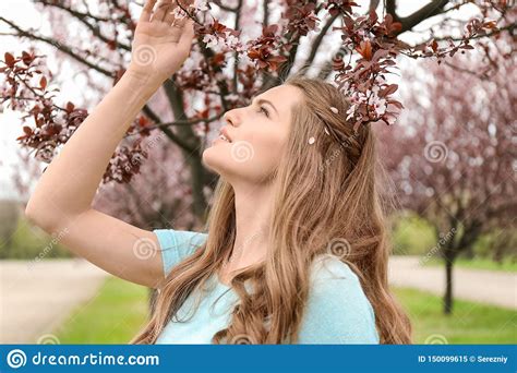 Beautiful Young Woman Near Blossoming Tree On Spring Day Stock Image Image Of Girl Glamour