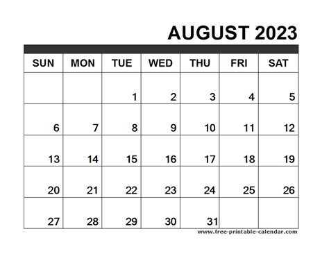 August 2023 Calendar Printable Free Printable