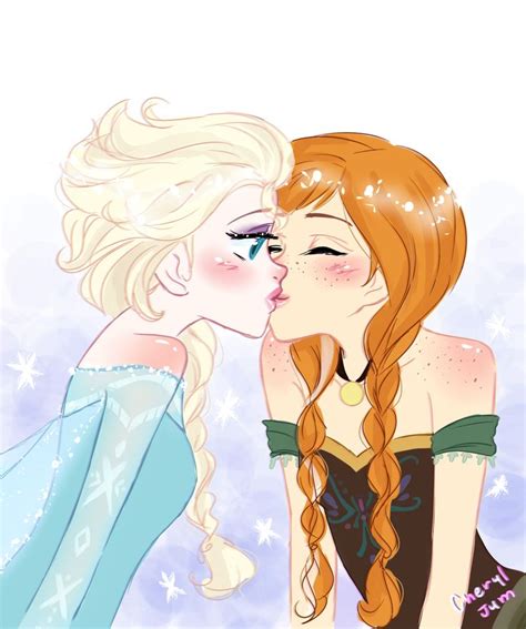 two princesses kissing each other with snow flakes in the background and stars all around them