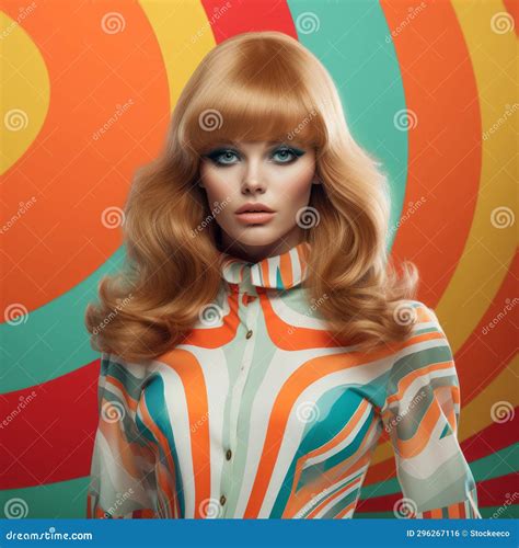 Groovy Retro Vibes Vintage Psychedelic Woman In Colorful Top Stock