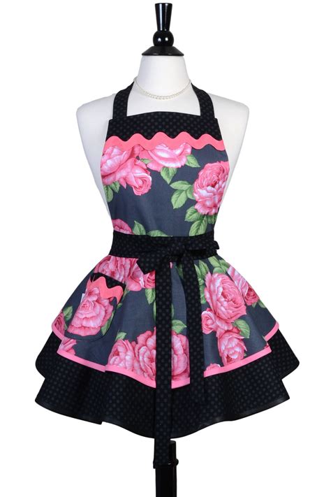 womens ruffled retro apron in vintage style large pink floral vintage style kitchen t for her