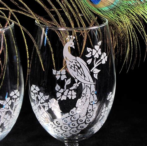 Peacock Wine Glasses Etched Glass Peacock Decor Peacock Wedding Brad Goodell Weddings