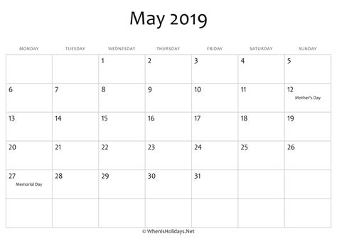 May 2019 Calendar Printable With Holidays Whenisholidaysnet