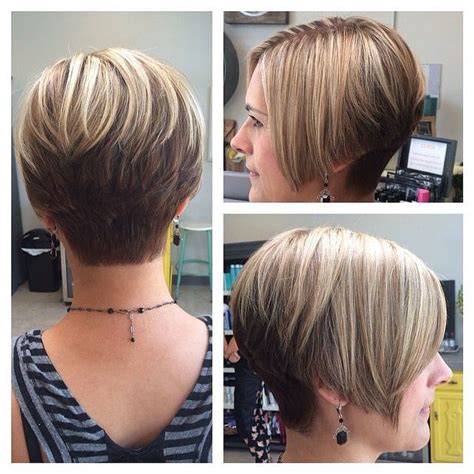 Sleek bangs and straight locks work best on thinner hair, but this cut can be pulled off with any hair type. Growing-out pixie? Short layered graduated cut with short ...