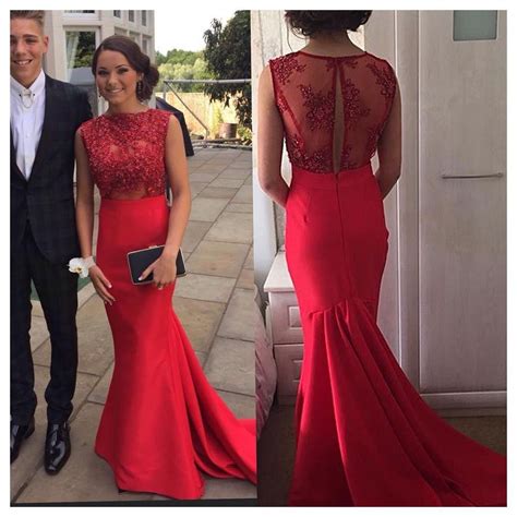 Red Mermaid Prom Gowns Lace Applique Beads Sexy Back Semi Formal Evening Dresses Jewel Neck