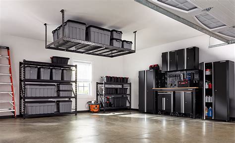 Easy access cabinets and drawers frame a nice countertop surface perfect for all sorts of crafty business. Creative Garage Storage Ideas - The Home Depot