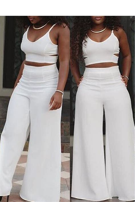 spaghetti straps crop top with wide leg loose long pants two pieces set white two piece outfit