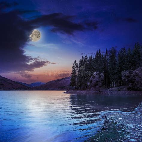 Autumn Mountain Lake In Coniferous Forest At Night Stock