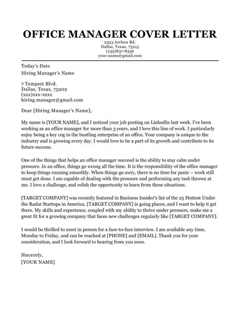 Cover Letter Of Office Manager