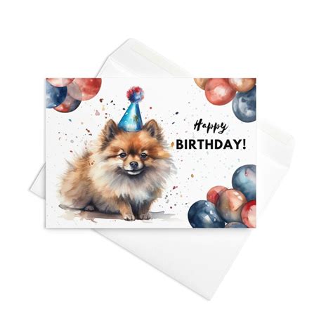 Pomeranian Birthday Card Happy Birthday Party Hat And Balloons