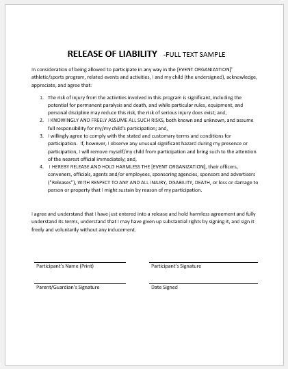 release  liability form sample templates microsoft
