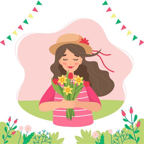Girl Holding Flowers In Spring 1223234 Vector Art At Vecteezy
