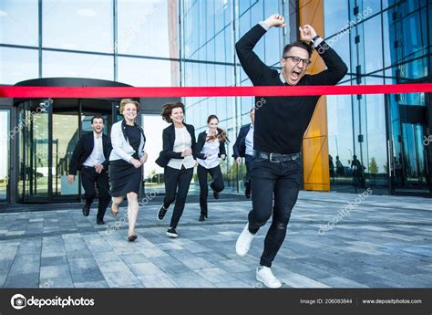 Group Happy Business People Running Office Building Crossing Red Ribbon