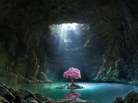 Download 800x600 Wallpaper Pink Tree Blossom Cave Lake Nature