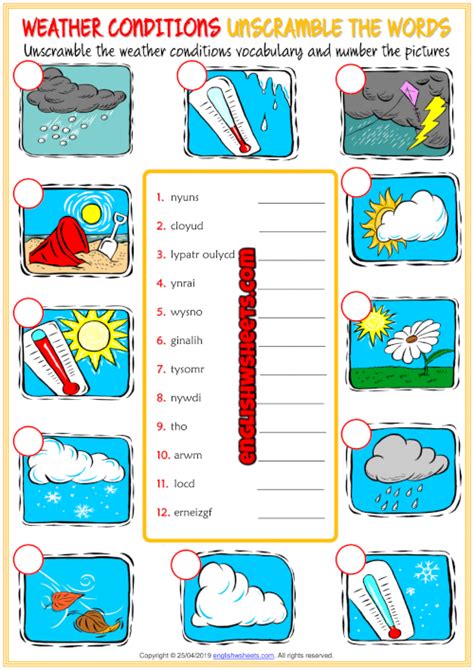Weather Conditions Esl Unscramble The Words Worksheet In 2020 Weather