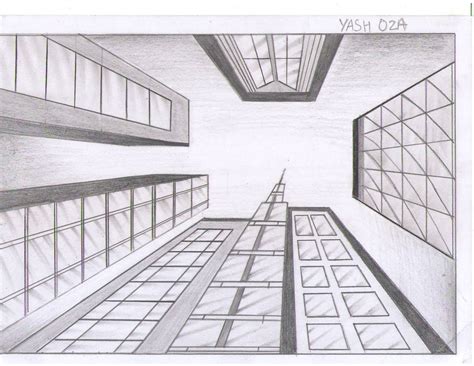 One Point Perspective Drawing Buildings Rectangle Circle