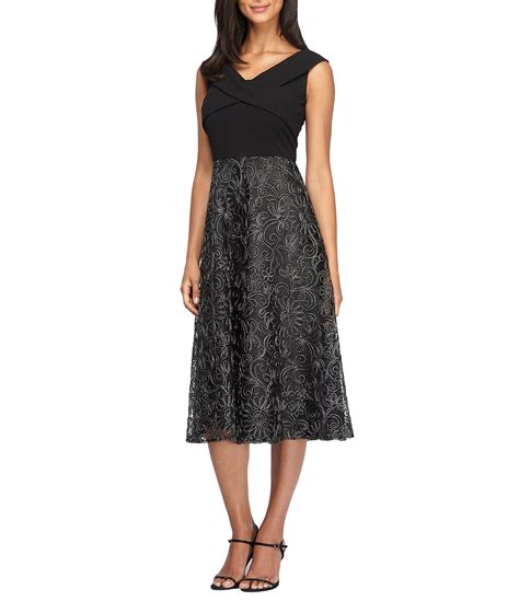 Alex Evenings V-Neck Embroidered Tea-Length Dress | Dillards