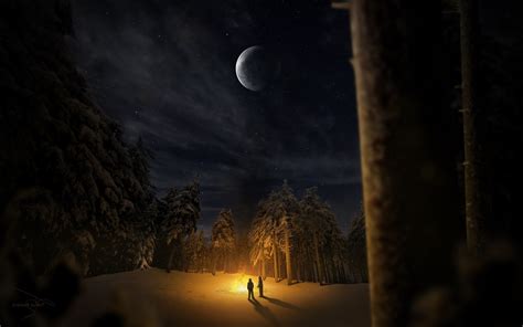 3117x4675 Hd Moon Forest Night Campfire Coolwallpapersme