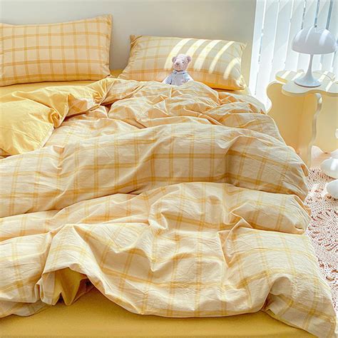 Healthy Sleep Yellow Bedding Sets Plaid Duvet Cover Set Soft Etsy
