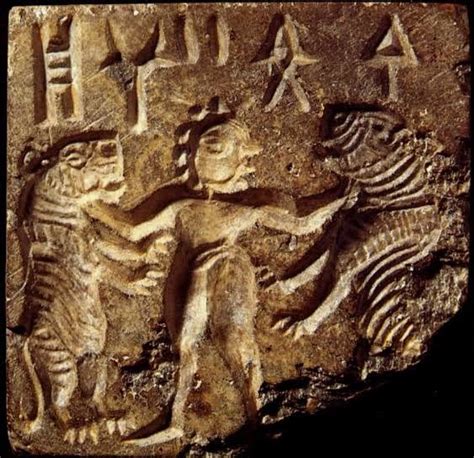 Mohenjo Daro Seal Depicting A Man Grappling With Two Tigers