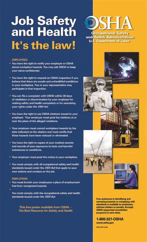 It informs employee's of their rights & responsiblities regarding health & safety and their duties are explained. "Job Safety and Health: It's the Law" Poster ...