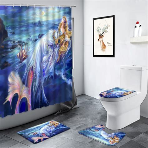 Sexy Mermaid Shower Curtain Lotus Pink Flowers Ocean Scenery Bathroom