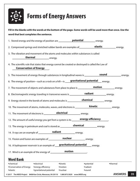 Conservation Of Energy Worksheet Answers Intermediate Energy Infobook