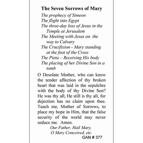 Seven Sorrows Of Mary Prayer Card Gannons Prayer Card Co