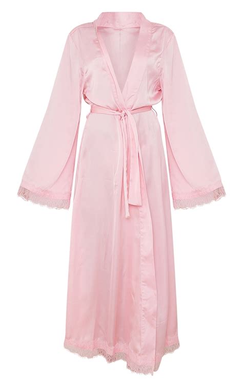Pale Pink Long Satin Lace Trim Robe Prettylittlething