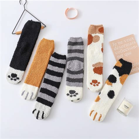 1 Pair Coral Fleece Socks Women Girls Kawaii Tube Socks Autumn Winter Cat Claws Cute Thick Warm