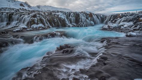 Blue Bruarfoss Winter Waterfall South Iceland Nature Landscape