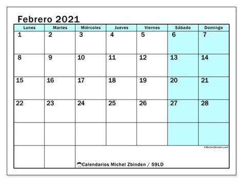 Fases lunares febrero de 2021 calendario lunar perpetuo. Calendario febrero 2021 - 59LD - Michel Zbinden ES