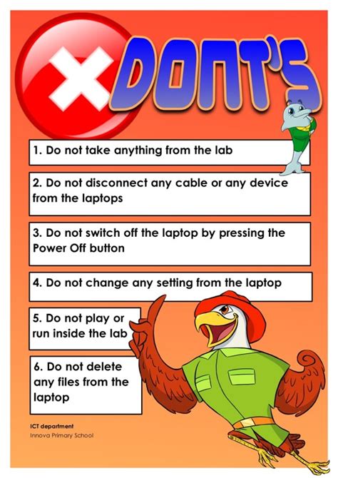 Safety precautions when using the equipment, including adjusting the workstation and furniture, switching machines on and off, not eating or drinking at workstations, and not interfering with power. Computer Lab Safety Rules - Innova Primary School