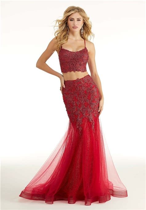 Mermaid Two Piece Red Tulle Lace Prom Dress With Spaghetti Straps