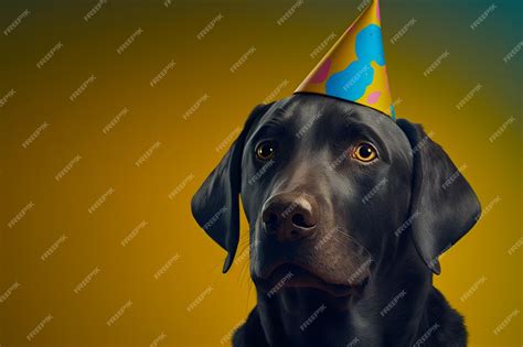 Premium Ai Image Labrador Wearing Birthday Hat On His Head On Yellow